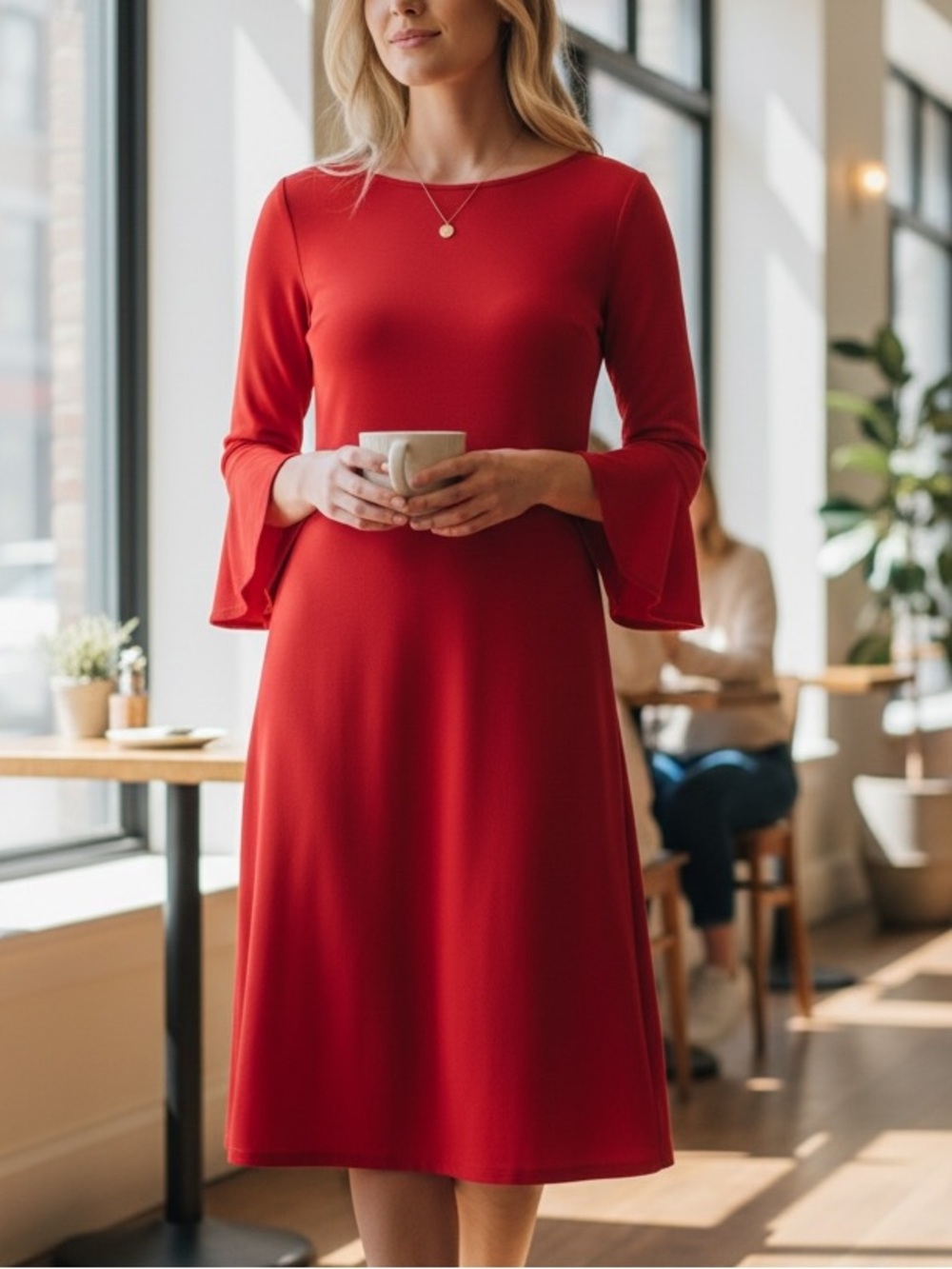 Tommy Hilfiger Crimson Red Midi Dress with Flared Sleeves